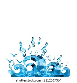 Musical poster with musical notes, waves and gulls isolated vector illustration. Inspirational music, composing, creating music. Design for live concert events, music festivals, shows, party flyers svg