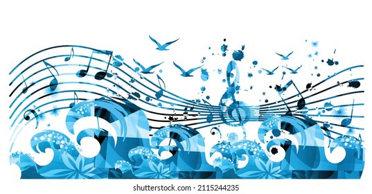 Musical poster with musical notes, waves and gulls isolated vector illustration. Inspirational music, composing, creating music. Design for live concert events, music festivals, shows, party flyers svg