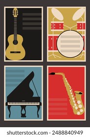 Musikalisches Poster-Set, Gitarre, Schlagzeug, Flügel, Saxophon und Stave, Retro-Stil Musik Festival Poster Stilisierung 