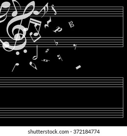 Musical poster with stave and notes on black background. Simple concept for your album. Cover for music notebook