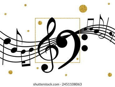 musical poster, treble and bass clefs on wavy melody lines in a gold frame among round gold decorative elements.