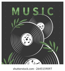 Musical poster with vinyl record. Design banner for music events, invitation, cover album, advertising. Vector illustration