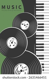 Musical poster with vinyl record and Piano. Design banner for cover album, concert or festival, music events, invitation, advertising. 
