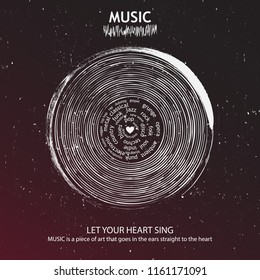 Musical poster for your design. Music elements design for card, invitation, flyer. Music background vector illustration. Vinyl record.