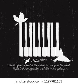 Musical poster for your design. Music elements design for card, invitation, flyer. Music background vector illustration. Music piano keyboard with birds.