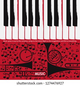 Musical poster for your design. Music elements design for card, invitation, flyer. Music background vector illustration. Music piano keyboard with wind instruments. 