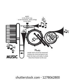 Musical poster for your design. Music elements design for card, invitation, flyer. Music background vector illustration. Musical instruments with notes.