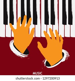 Musical poster for your design. Music elements design for card, invitation, flyer. Music background vector illustration. Music piano keyboard with hands. 