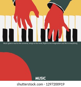 Musical poster for your design. Music elements design for card, invitation, flyer. Music background vector illustration. Music piano keyboard with hands. 