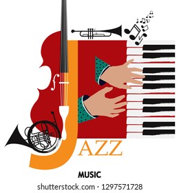 Musical poster for your design. Music design for card, invitation, flyer. Music background vector illustration. Cello instrument. Jazz poster. Music piano keyboard with hands. 