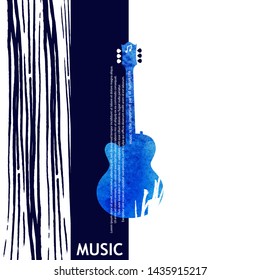 Musical poster for your design. Music elements design for card, invitation, flyer. Music background vector illustration. Vintage poster with guitar. Watercolor guitar.