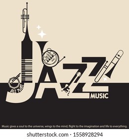 Musical poster for your design. Music design for card, invitation, flyer. Music background vector illustration. Jazz poster. Poster with musical instruments.