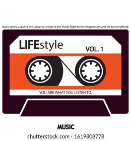 Musical poster for your design. Music elements design for card, invitation, flyer. Music background vector illustration. Vintage cassette. The tape icon.