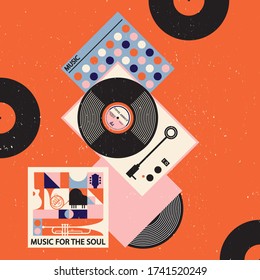 Musical poster for your design. Music elements design for card, invitation, flyer. Music background vector illustration. Vinyl record.