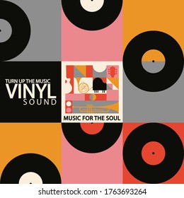 Musical poster for your design. Music elements design for card, invitation, flyer. Music background vector illustration. Vinyl record. Musical instruments. 