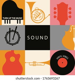 Musical poster for your design. Music elements design for card, invitation, flyer. Music background vector illustration. Vinyl record. Musical instruments. 
