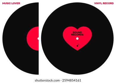 Musical poster for your design. Music design elements for card, invitation, flyer. Music cover. Music background vector illustration. Vinyl record. Heart symbol. Love.