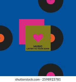 Musical poster for your design. Music design elements for card, invitation, flyer. Music cover. Music background vector illustration. Vinyl record. Heart symbol. Love.