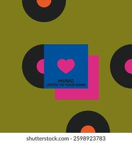 Musical poster for your design. Music design elements for card, invitation, flyer. Music cover. Music background vector illustration. Vinyl record. Heart symbol. Love.