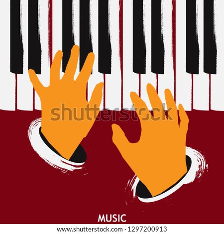 Musical poster for your design. Music elements design for card, invitation, flyer. Music background vector illustration. Music piano keyboard with hands. 