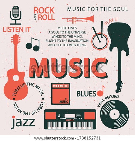 Musical poster for your design. Set of musical instruments. Music elements design for card, invitation, flyer. Music background vector illustration.