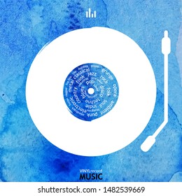 Musical poster for your design with watercolor. Music elements design for card, invitation, flyer. Music background vector illustration. Vinyl record.