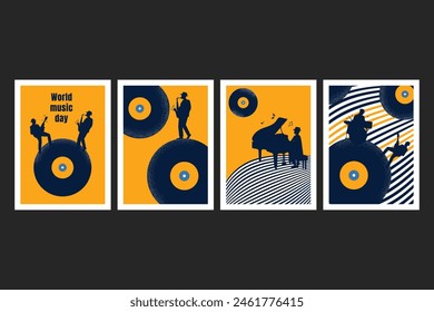 Musical posters, covers, cards collection. Musical band, instrumets in retro style. Jazz background. Jazz band