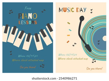 Conjunto de cartazes musicais imprimíveis. Ilustrações planas vetoriais com placa de música, piano e notas. Folhetos da classe de música para impressão.
