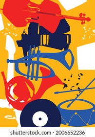 Musical promotional poster with musical instruments colorful vector. Cello, piano, trumpet, guitar, drum, French horn, lp record for live concert events, jazz music festivals and shows, party flyer