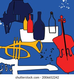 Musical promotional poster with musical instruments colorful vector illustration. Violoncello, piano, trumpet, guitar with bottles for live concerts, events, celebrations and fun, club and party flyer