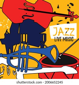 Musical promotional poster with musical instruments colorful vector illustration. Violoncello, piano, trumpet, guitar, drum for live concert events, jazz music festivals and shows, party flyer