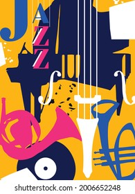 Musical promotional poster with musical instruments colorful vector illustration. Piano, trumpet, French horn and vinyl record disc for live concert events, jazz music festivals and shows, party flyer