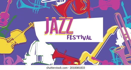 Musical promotional poster with musical instruments colorful vector. Violoncello, piano, euphonium, trumpet, trombone, guitar, French horn for live concert events, music festivals, shows, party flyer