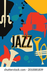 Musical promotional poster with musical instruments colorful vector illustration. Violoncello, piano, euphonium and trumpet for live concert events, jazz music festivals and shows, party flyer