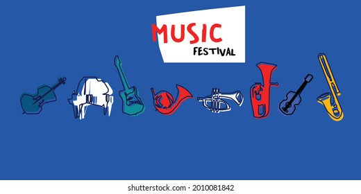 Musikalisches Promotionposter mit musikalischen Instrumenten bunter Vektorgrafik. Violoncello, Klavier, Euphonium, Trompete, Posaune, Gitarre, französisches Horn für Live-Konzerte, Musikfestivals, Shows, Partyflyer