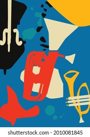 Musical promotional poster with musical instruments colorful vector illustration. Violoncello, euphonium and trumpet for live concert events, jazz music festivals and shows, party flyer