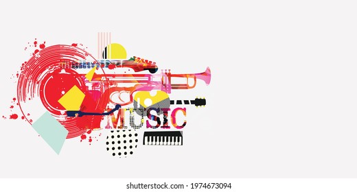 Musical promotional poster with musical instruments and lp vinyl record vector illustration. Artistic abstract design with vinyl record disc for concert events, music festivals and shows, party flyer