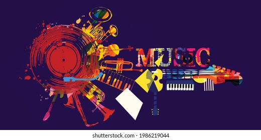 Musical promotional poster with musical instruments and lp vinyl record vector illustration. Artistic abstract design with vinyl record disc for concert events, music festivals and shows, party flyer