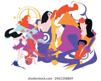 Musical promotional poster with musical instruments and lp vinyl record vector illustration. Artistic abstract design with vinyl record disc for concert events, vector illustration of collage displayi