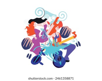 Musical promotional poster with musical instruments and lp vinyl record vector illustration. Artistic abstract design with vinyl record disc for concert events, Colorful jazz music promotional poster