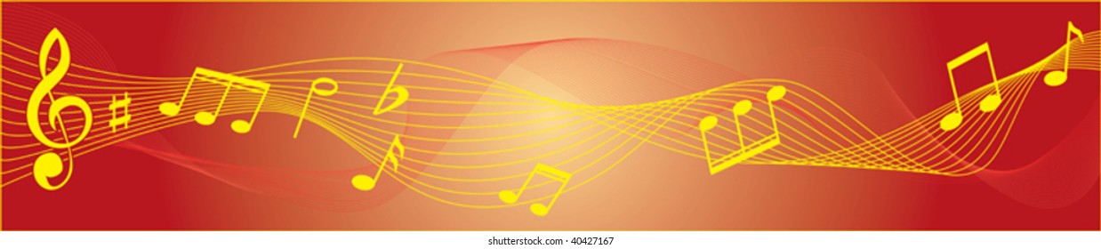Musical red and yellow theme with treble clef, notes, staffs.