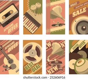 musical retro cards set several cards with the image of musical symbols in retro style