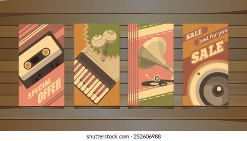 musical retro cards set several cards with the image of musical symbols in retro style on a wood background