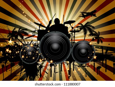 Musical retro grunge background with drummer. Vector illustration. EPS 10 with transparency.