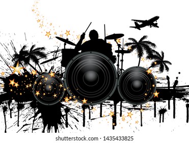 Musical retro grunge background with drummer. Vector illustration. EPS 10 with transparency.