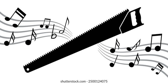 Sierra musical. Notas clave para el pentagrama y el tema de la nota musical. Onda de melodía G. Sierras de árboles. Sierras de mano dibujadas para carpinteros. Logo de sierra de madera. Herramienta de trabajo de dibujos animados. Herramientas de renovación del hogar.