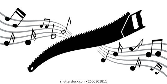 Sierra musical. Notas clave para el pentagrama y el tema de la nota musical. Onda de melodía G. Sierras de árboles. Sierras de mano dibujadas para carpinteros. Logo de sierra de madera. Herramienta de trabajo de dibujos animados. Herramientas de renovación del hogar.