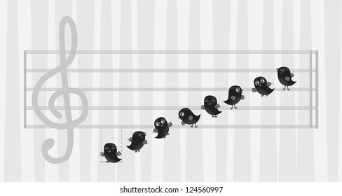 musical scale gamma with cute little black birds instead of music notes