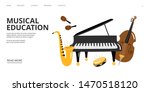 Musical school landing page. Vector musical education web banner template. Piano saxophone cello illustration. Saxophone and piano, music instrument