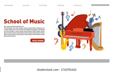 Musical school landing page Landing Page. Vector musical education web banner template. Piano, saxophone, violin. Design for School Promotion. Music Concert Performance. Vector Illustration